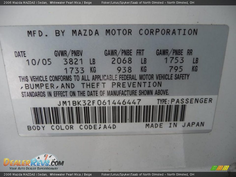 2006 Mazda MAZDA3 i Sedan Whitewater Pearl Mica / Beige Photo #25