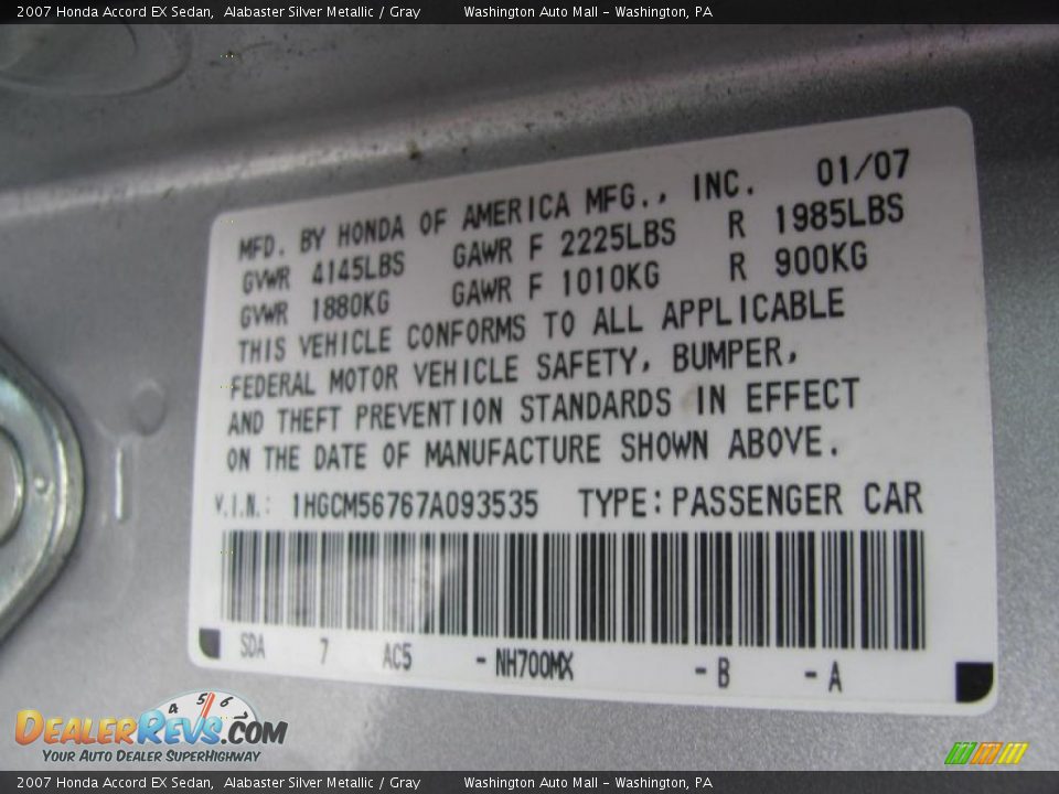 2007 Honda Accord EX Sedan Alabaster Silver Metallic / Gray Photo #19