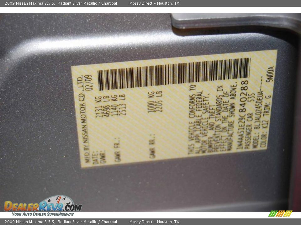 2009 Nissan Maxima 3.5 S Radiant Silver Metallic / Charcoal Photo #19