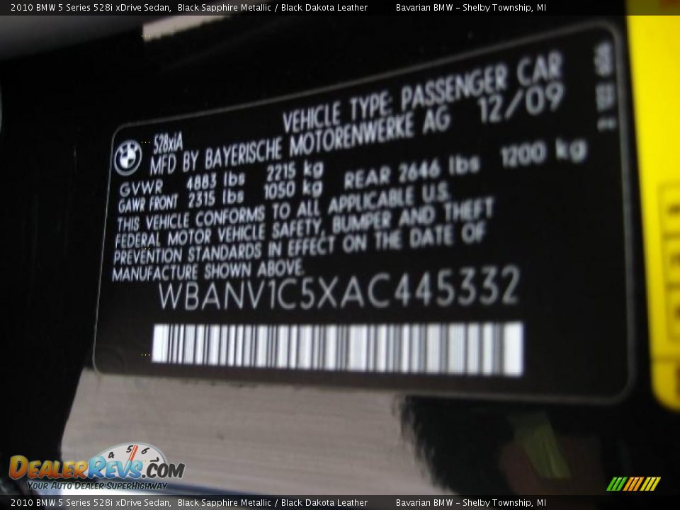2010 BMW 5 Series 528i xDrive Sedan Black Sapphire Metallic / Black Dakota Leather Photo #11