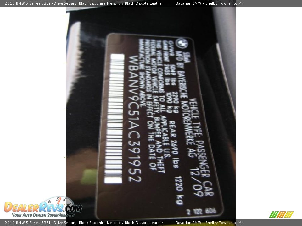 2010 BMW 5 Series 535i xDrive Sedan Black Sapphire Metallic / Black Dakota Leather Photo #12