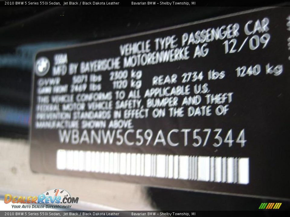 2010 BMW 5 Series 550i Sedan Jet Black / Black Dakota Leather Photo #12