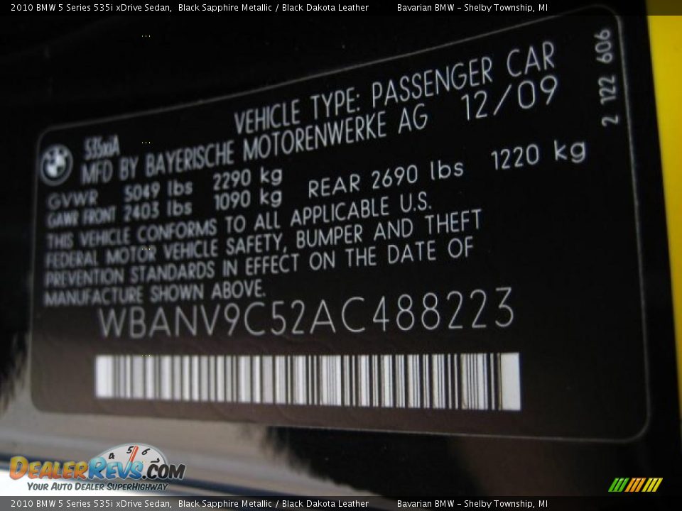 2010 BMW 5 Series 535i xDrive Sedan Black Sapphire Metallic / Black Dakota Leather Photo #12