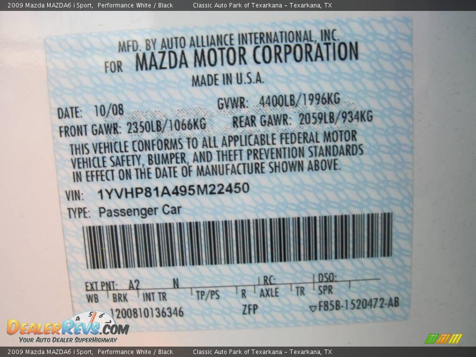 2009 Mazda MAZDA6 i Sport Performance White / Black Photo #13