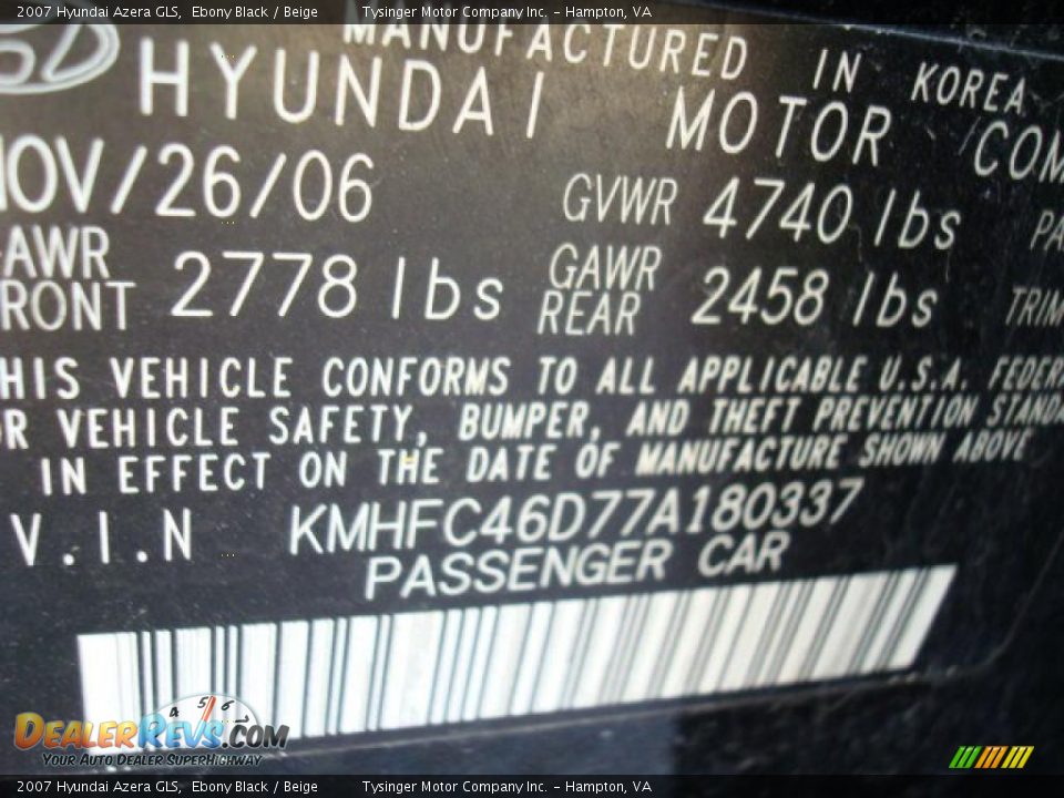 2007 Hyundai Azera GLS Ebony Black / Beige Photo #19