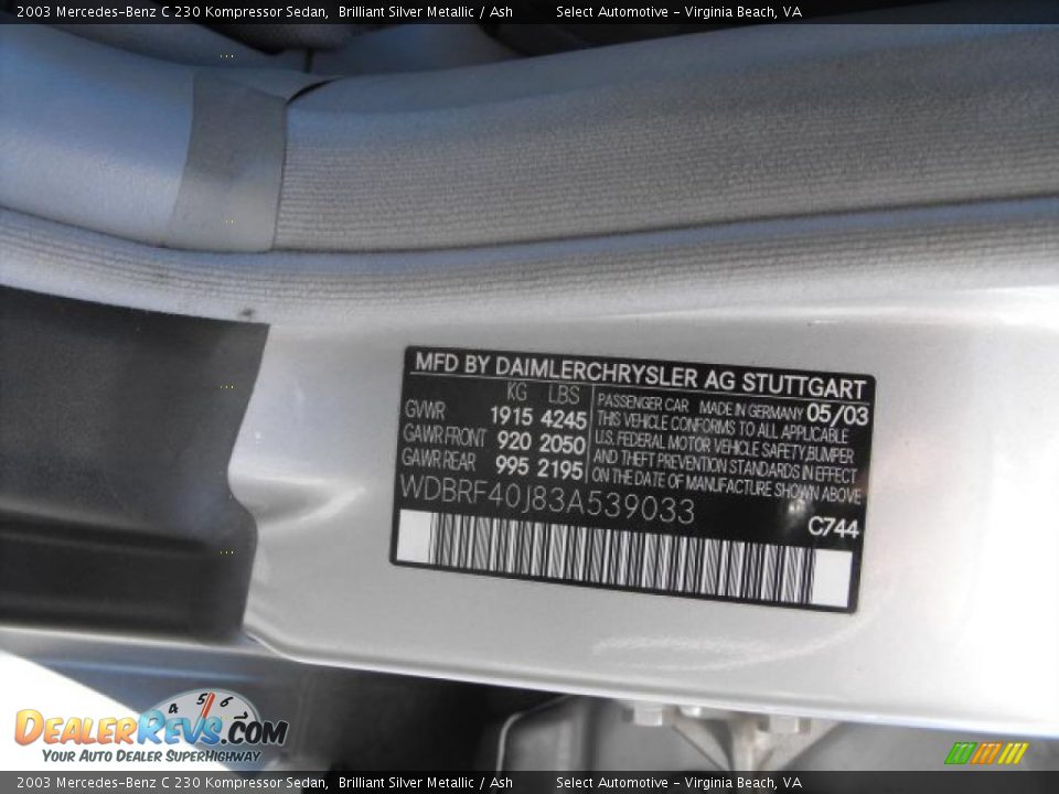 2003 Mercedes-Benz C 230 Kompressor Sedan Brilliant Silver Metallic / Ash Photo #15