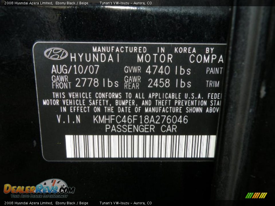 2008 Hyundai Azera Limited Ebony Black / Beige Photo #21