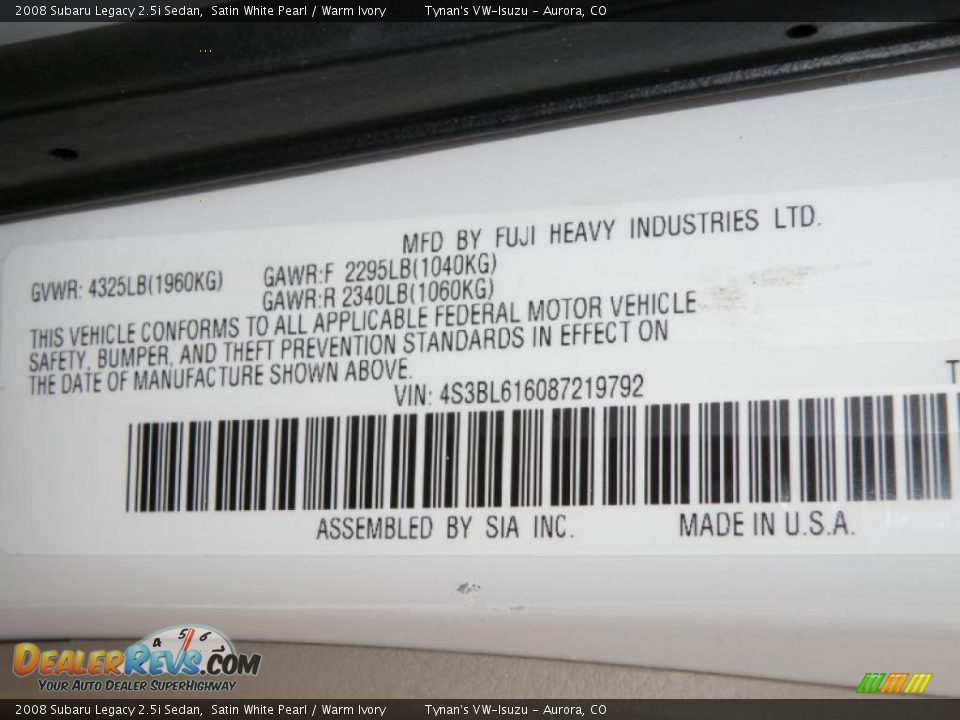 2008 Subaru Legacy 2.5i Sedan Satin White Pearl / Warm Ivory Photo #21