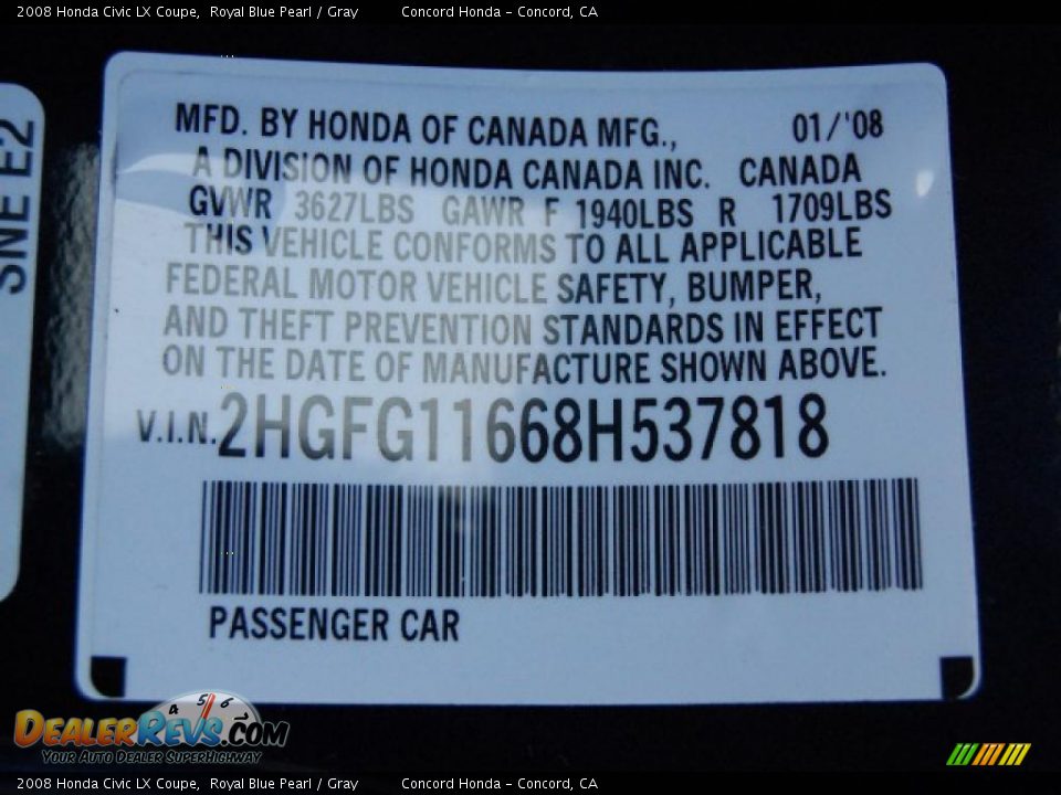 2008 Honda Civic LX Coupe Royal Blue Pearl / Gray Photo #19