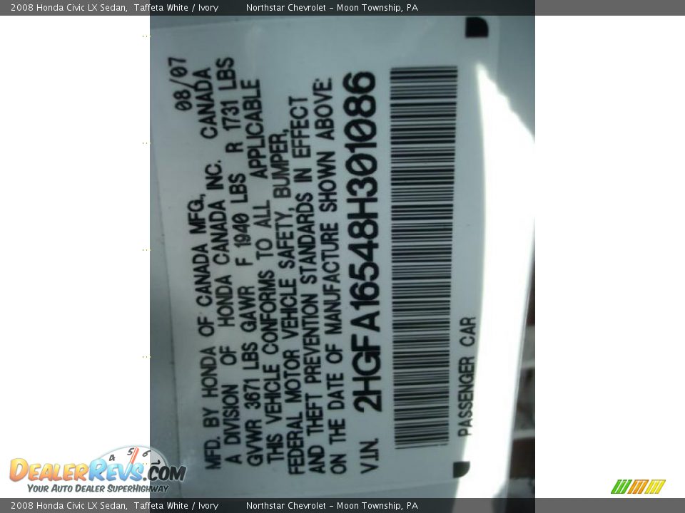 2008 Honda Civic LX Sedan Taffeta White / Ivory Photo #19