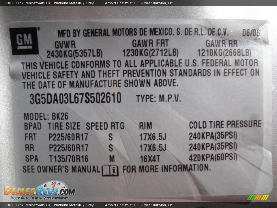 2007 Buick Rendezvous CX Platinum Metallic / Gray Photo #15