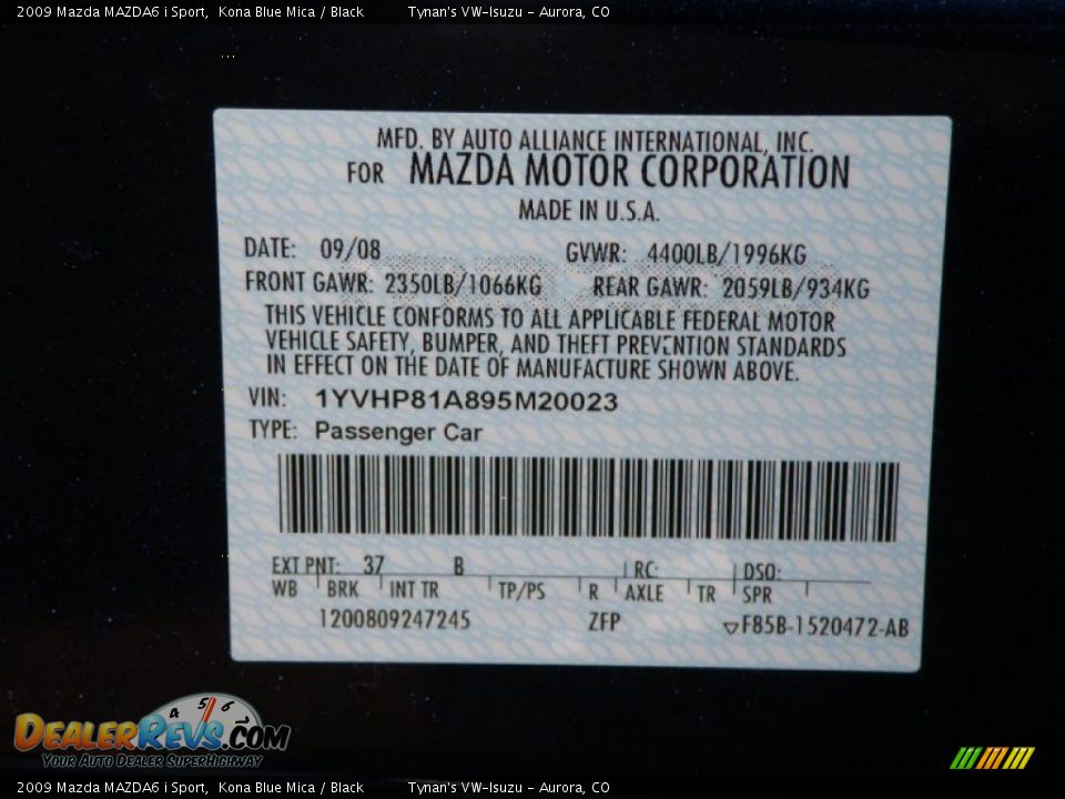 2009 Mazda MAZDA6 i Sport Kona Blue Mica / Black Photo #20