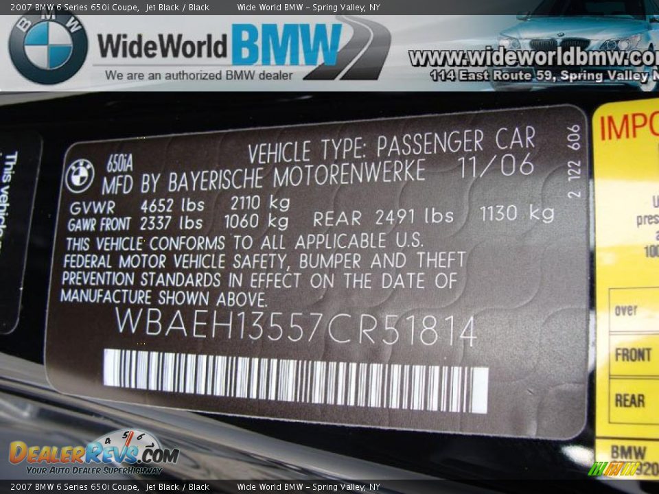 2007 BMW 6 Series 650i Coupe Jet Black / Black Photo #15
