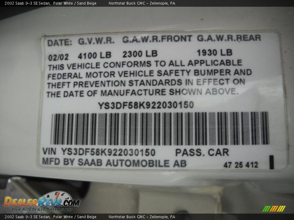 2002 Saab 9-3 SE Sedan Polar White / Sand Beige Photo #9