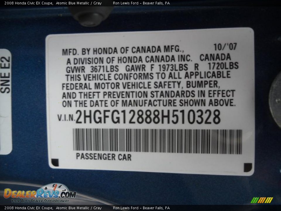 2008 Honda Civic EX Coupe Atomic Blue Metallic / Gray Photo #9