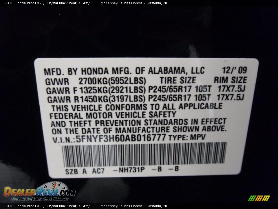 2010 Honda Pilot EX-L Crystal Black Pearl / Gray Photo #8