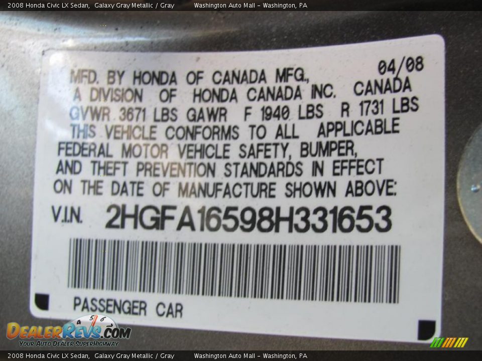 2008 Honda Civic LX Sedan Galaxy Gray Metallic / Gray Photo #19