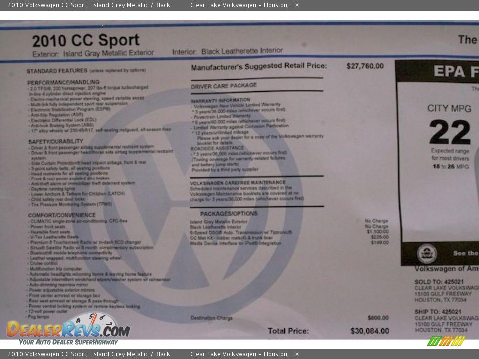 2010 Volkswagen CC Sport Island Grey Metallic / Black Photo #19