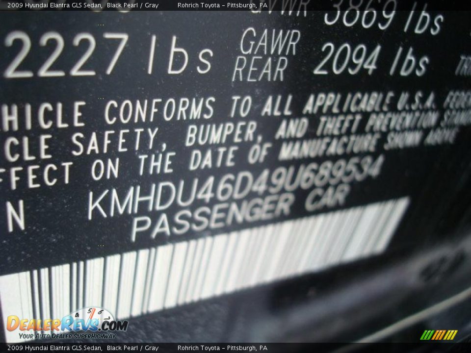 2009 Hyundai Elantra GLS Sedan Black Pearl / Gray Photo #19