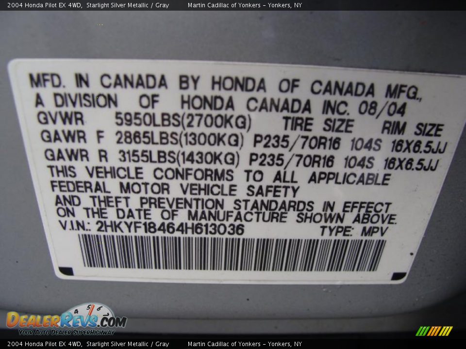 2004 Honda Pilot EX 4WD Starlight Silver Metallic / Gray Photo #28