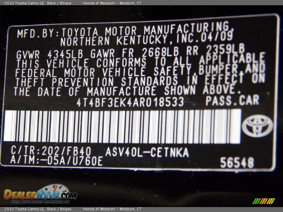 2010 Toyota Camry LE Black / Bisque Photo #22