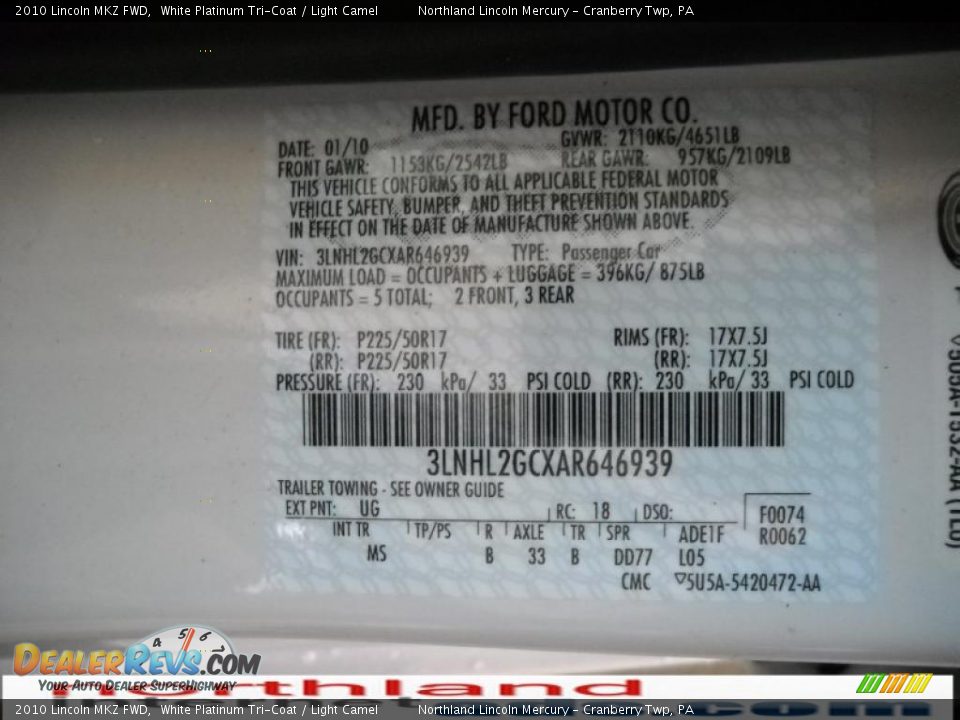 2010 Lincoln MKZ FWD White Platinum Tri-Coat / Light Camel Photo #9
