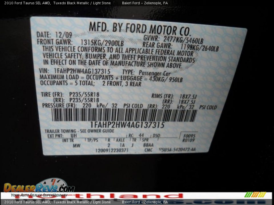 2010 Ford Taurus SEL AWD Tuxedo Black Metallic / Light Stone Photo #12