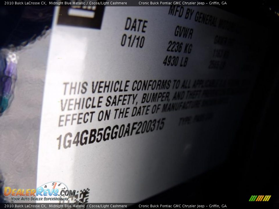 2010 Buick LaCrosse CX Midnight Blue Metallic / Cocoa/Light Cashmere Photo #21