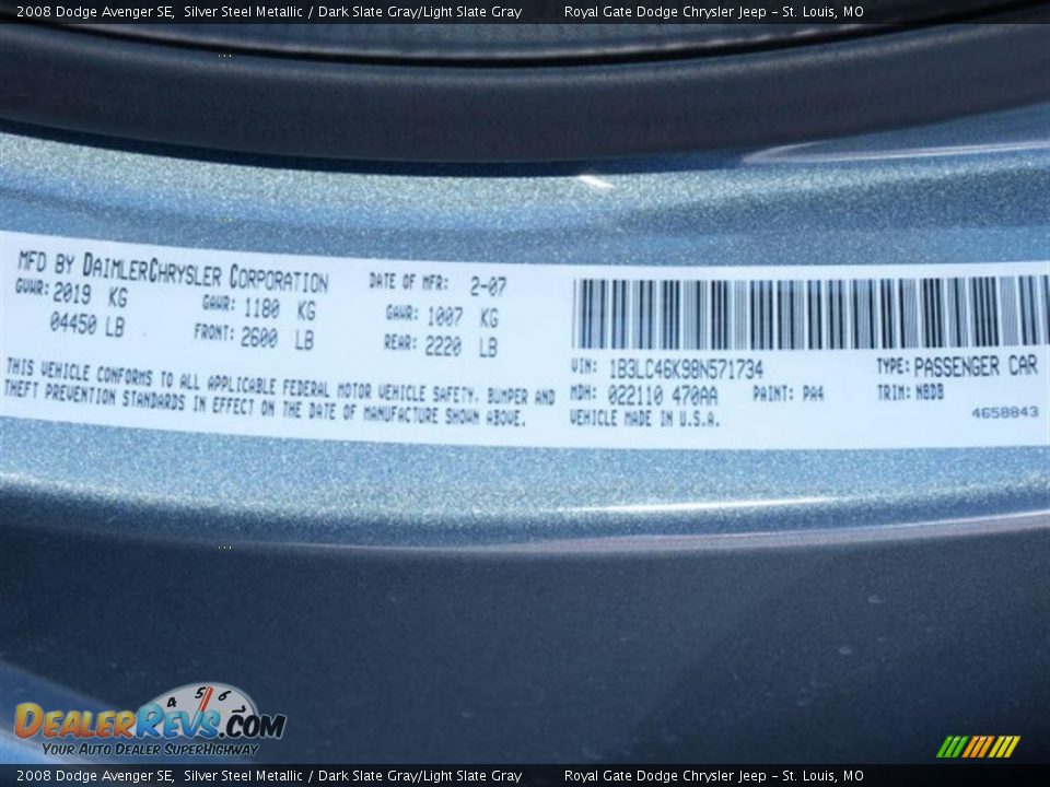 2008 Dodge Avenger SE Silver Steel Metallic / Dark Slate Gray/Light Slate Gray Photo #17
