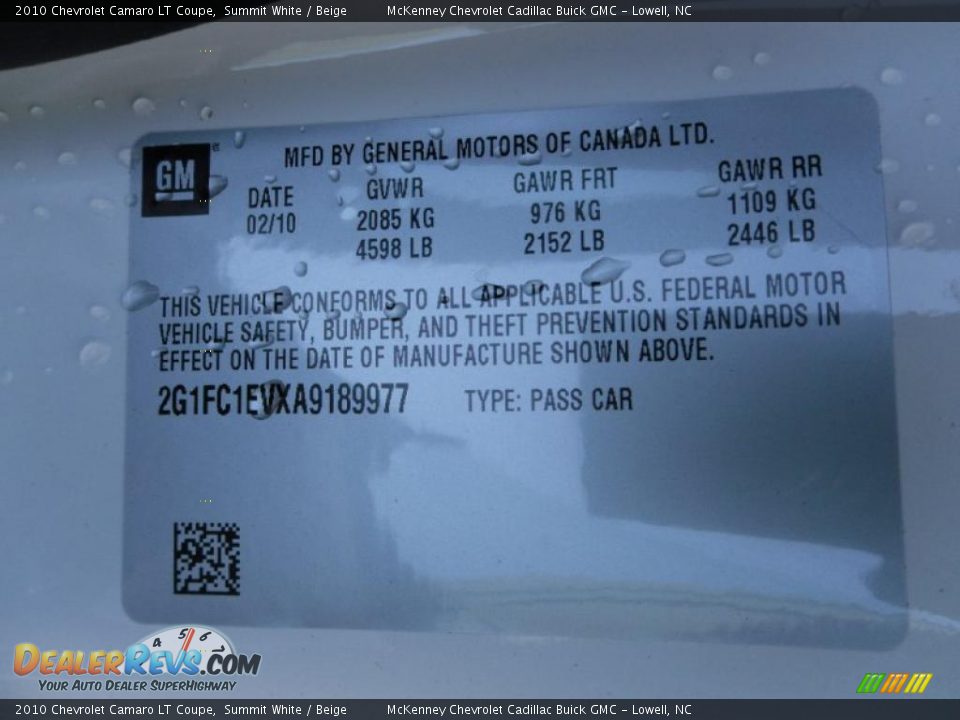 2010 Chevrolet Camaro LT Coupe Summit White / Beige Photo #7