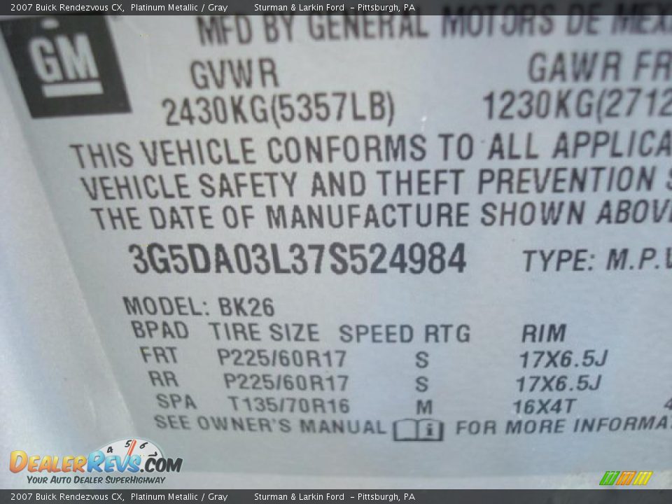 2007 Buick Rendezvous CX Platinum Metallic / Gray Photo #19