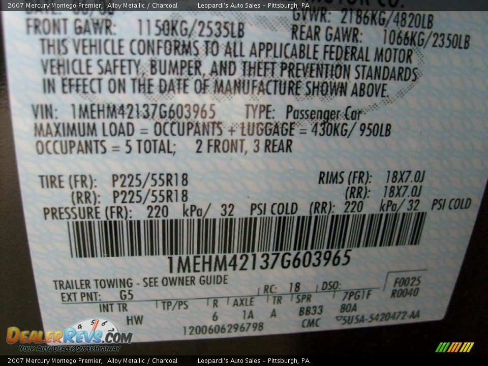 2007 Mercury Montego Premier Alloy Metallic / Charcoal Photo #13