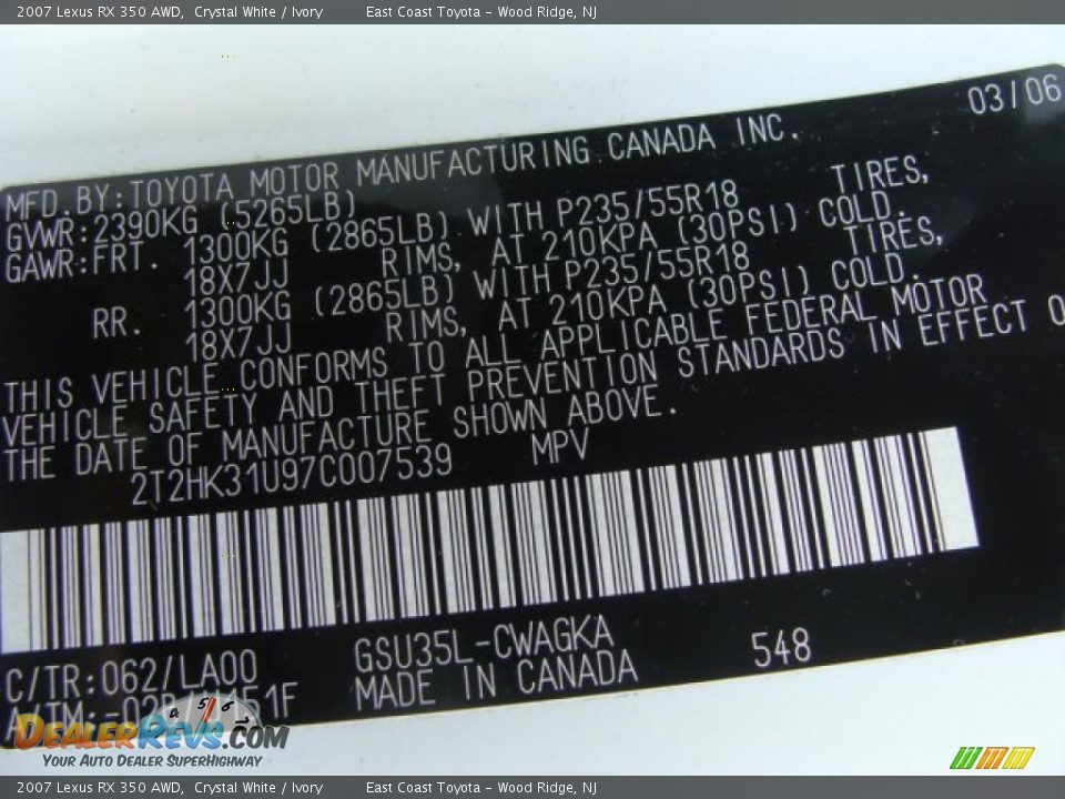 2007 Lexus RX 350 AWD Crystal White / Ivory Photo #14