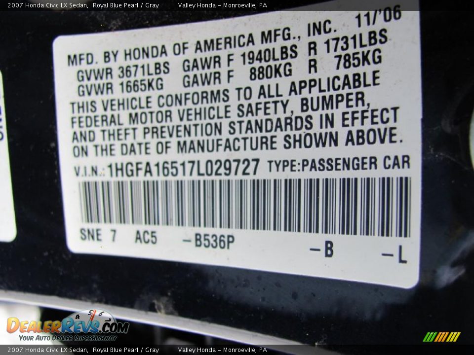 2007 Honda Civic LX Sedan Royal Blue Pearl / Gray Photo #12