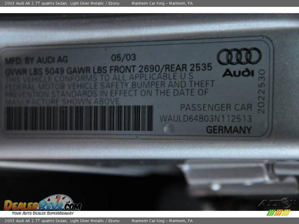 2003 Audi A6 2.7T quattro Sedan Light Silver Metallic / Ebony Photo #10