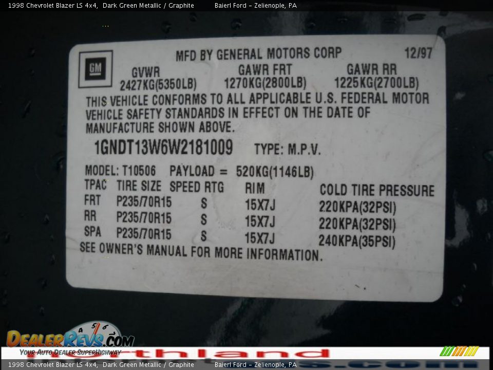1998 Chevrolet Blazer LS 4x4 Dark Green Metallic / Graphite Photo #13