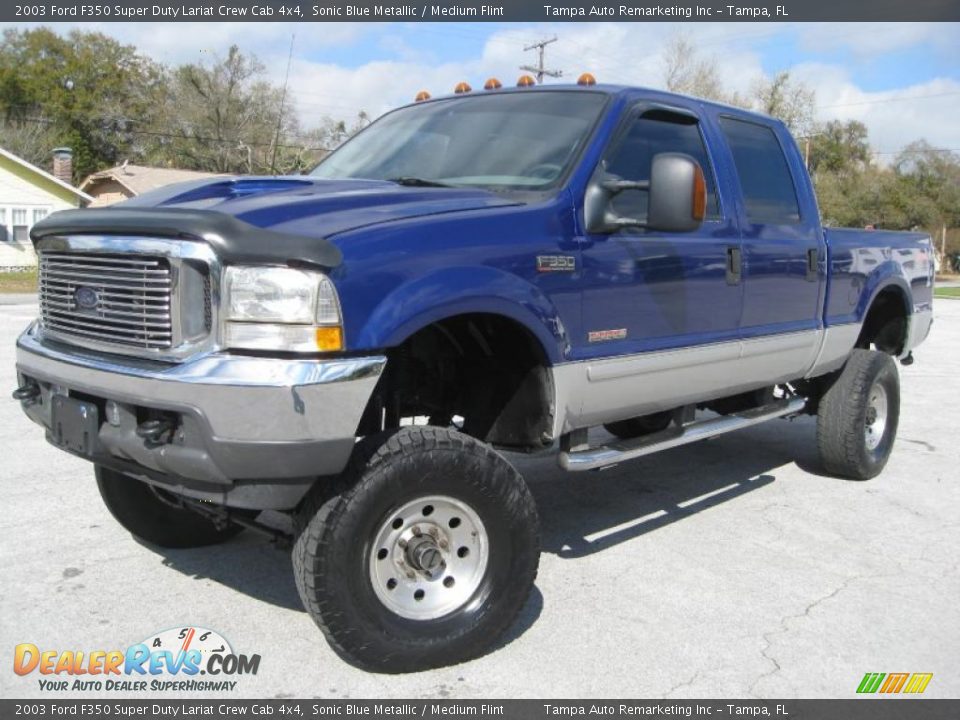 2003 Ford F350 Super Duty Lariat Crew Cab 4x4 Sonic Blue Metallic / Medium Flint Photo #6