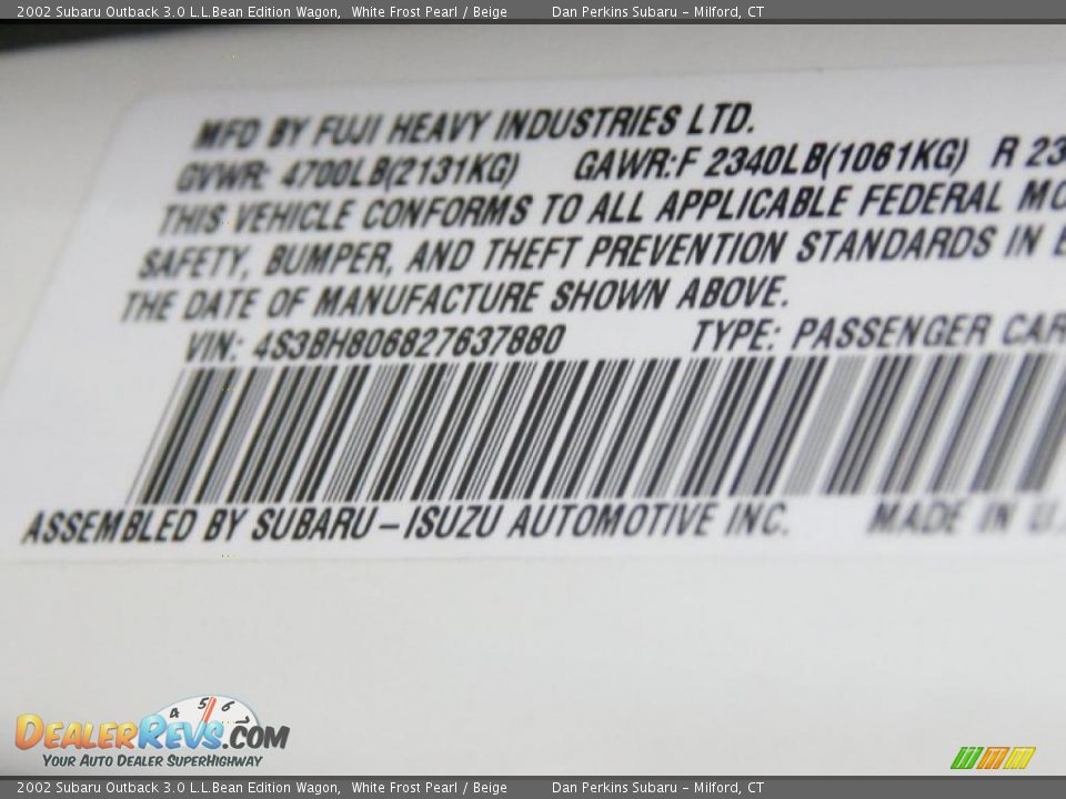 2002 Subaru Outback 3.0 L.L.Bean Edition Wagon White Frost Pearl / Beige Photo #26