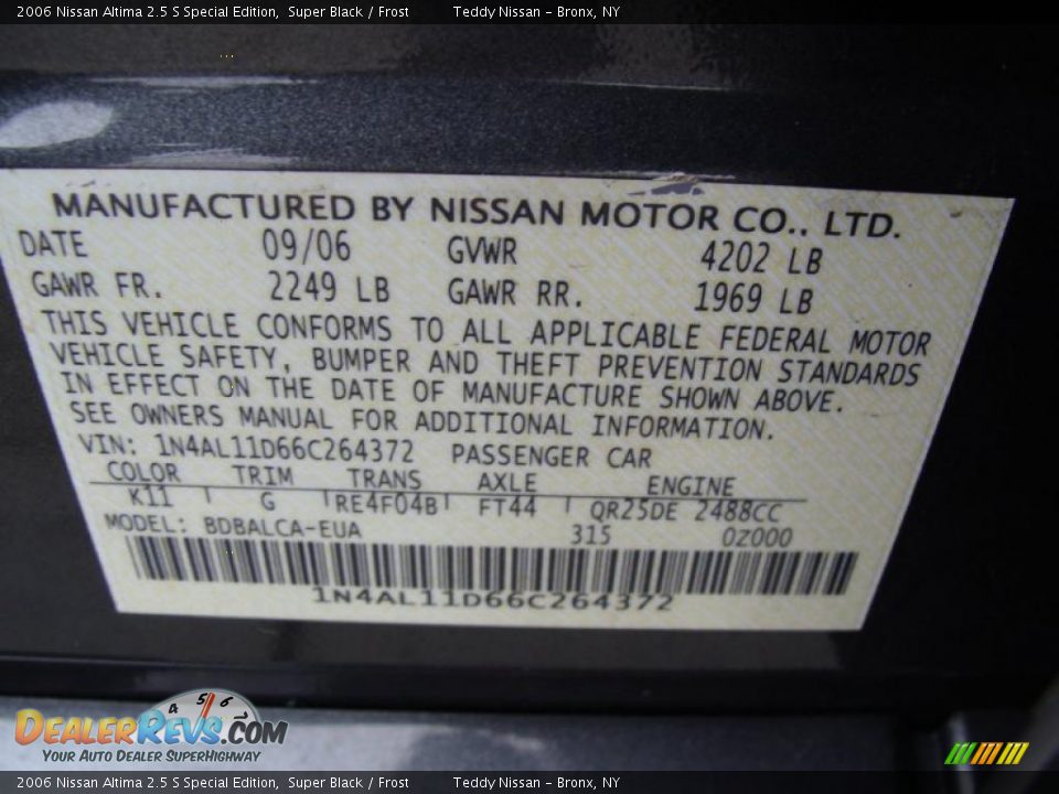 2006 Nissan Altima 2.5 S Special Edition Super Black / Frost Photo #26
