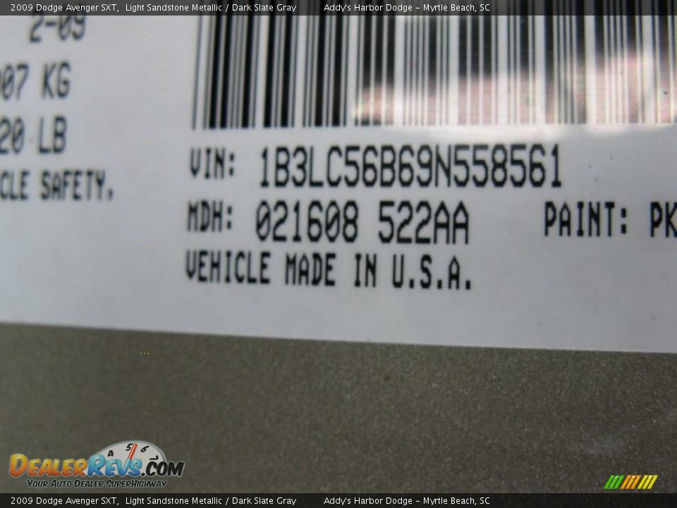 2009 Dodge Avenger SXT Light Sandstone Metallic / Dark Slate Gray Photo #27