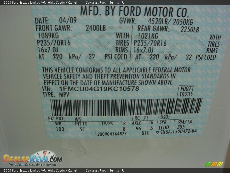 2009 Ford Escape Limited V6 White Suede / Camel Photo #19