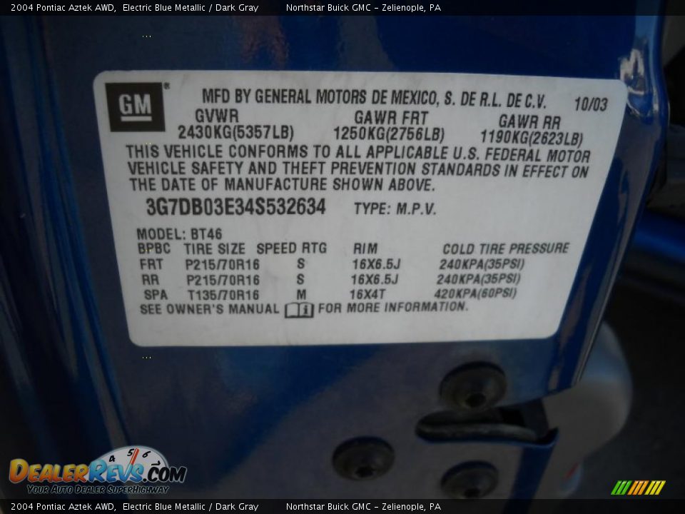 2004 Pontiac Aztek AWD Electric Blue Metallic / Dark Gray Photo #9