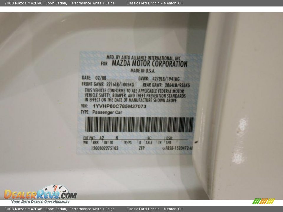 2008 Mazda MAZDA6 i Sport Sedan Performance White / Beige Photo #21