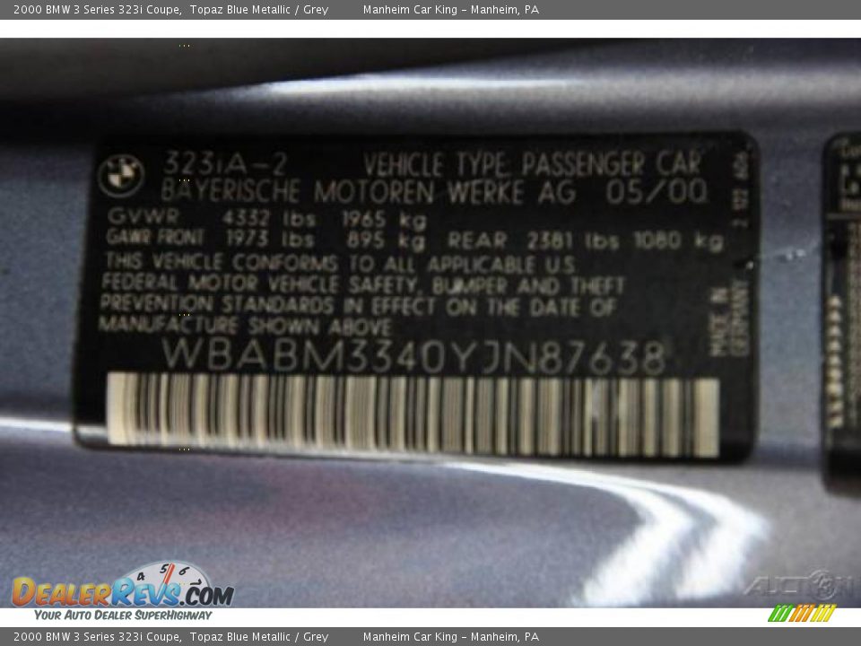 2000 BMW 3 Series 323i Coupe Topaz Blue Metallic / Grey Photo #10