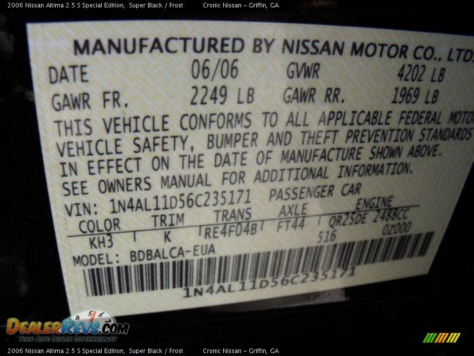 2006 Nissan Altima 2.5 S Special Edition Super Black / Frost Photo #23