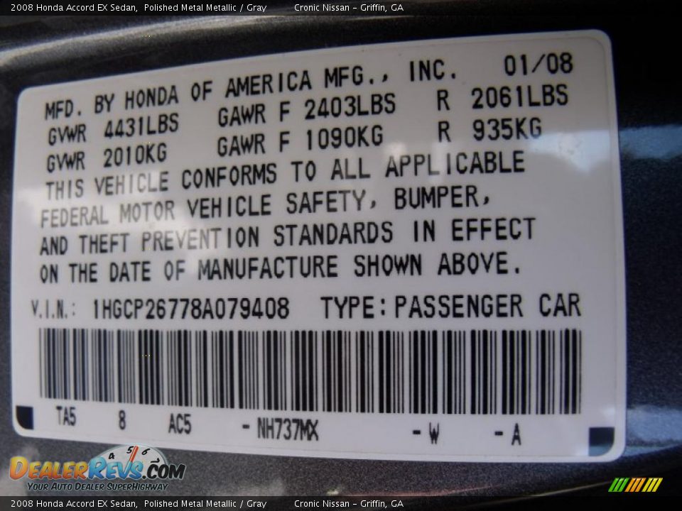 2008 Honda Accord EX Sedan Polished Metal Metallic / Gray Photo #20