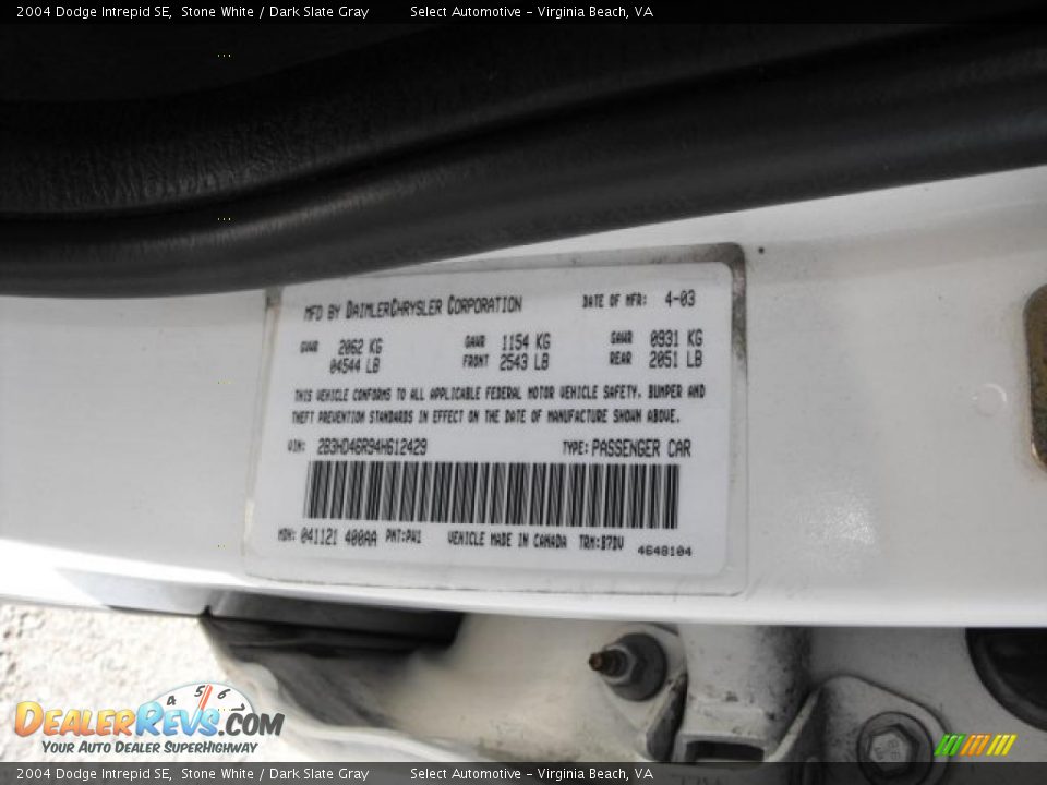 2004 Dodge Intrepid SE Stone White / Dark Slate Gray Photo #14