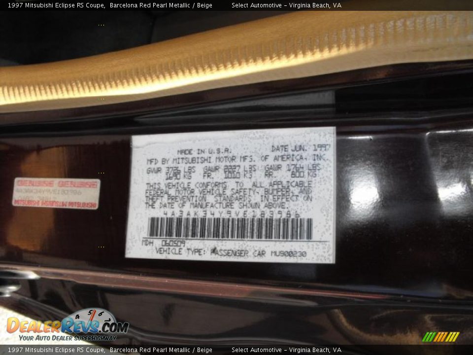 1997 Mitsubishi Eclipse RS Coupe Barcelona Red Pearl Metallic / Beige Photo #16