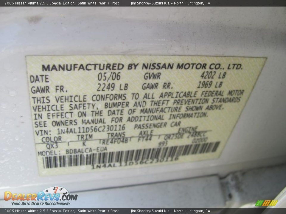2006 Nissan Altima 2.5 S Special Edition Satin White Pearl / Frost Photo #14