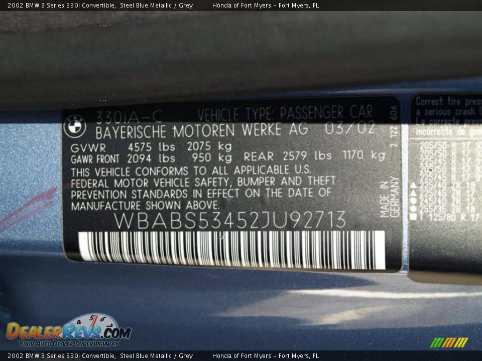 2002 BMW 3 Series 330i Convertible Steel Blue Metallic / Grey Photo #17